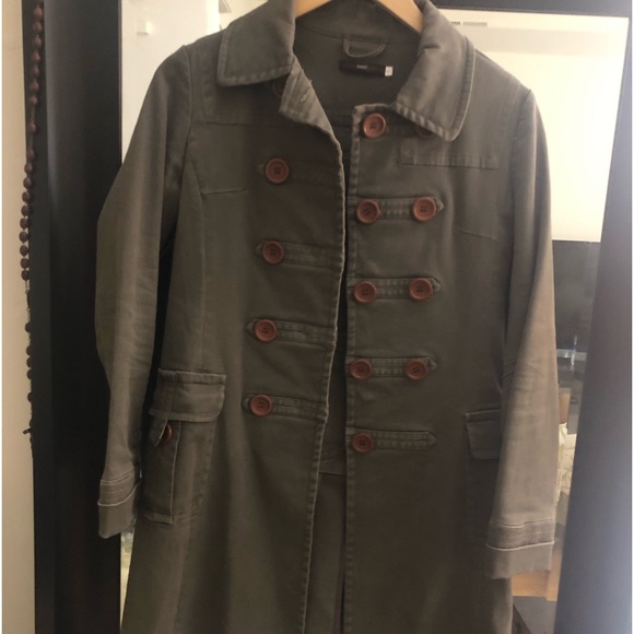 Hazel Jackets & Blazers - Hazel Chord Denim Materials Long Coat.35” long in Olive Green with Brown Buttons